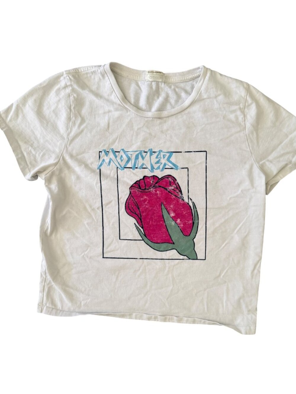MOTHER The Cropped Itty Bitty Goodie Tee- White/Red/Green Rose- Little Bud- M
